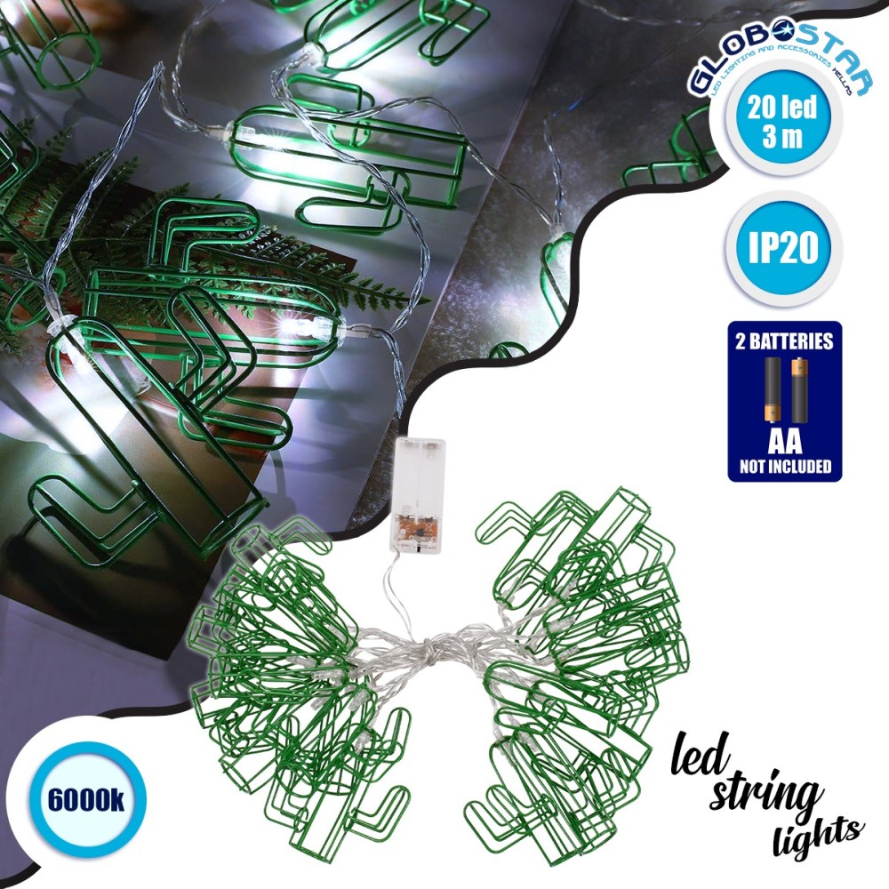 79801 Διακοσμητική Γιρλάντα Green Cactus 3 Μέτρα με Διακόπτη On-Off - 20 LED 2W με Μπαταρίες 2xAA & Διάφανο Καλώδιο IP20 Ψυχρό Λευκό 6000K Μ3m